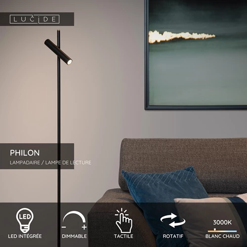 Lucide PHILON - Lampadaire / lampe de lecture - Ø 23 cm - LED Dim. - 1x4,5W 3000K - Noir - USP